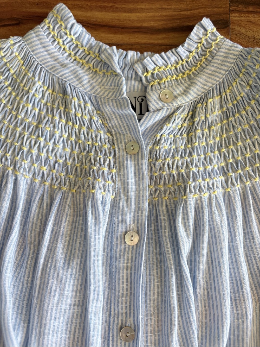 Andion Women’s Bespoke Blue Striped Linen Hand Smocked Maxi Dress XS S M - Picture 4 of 10